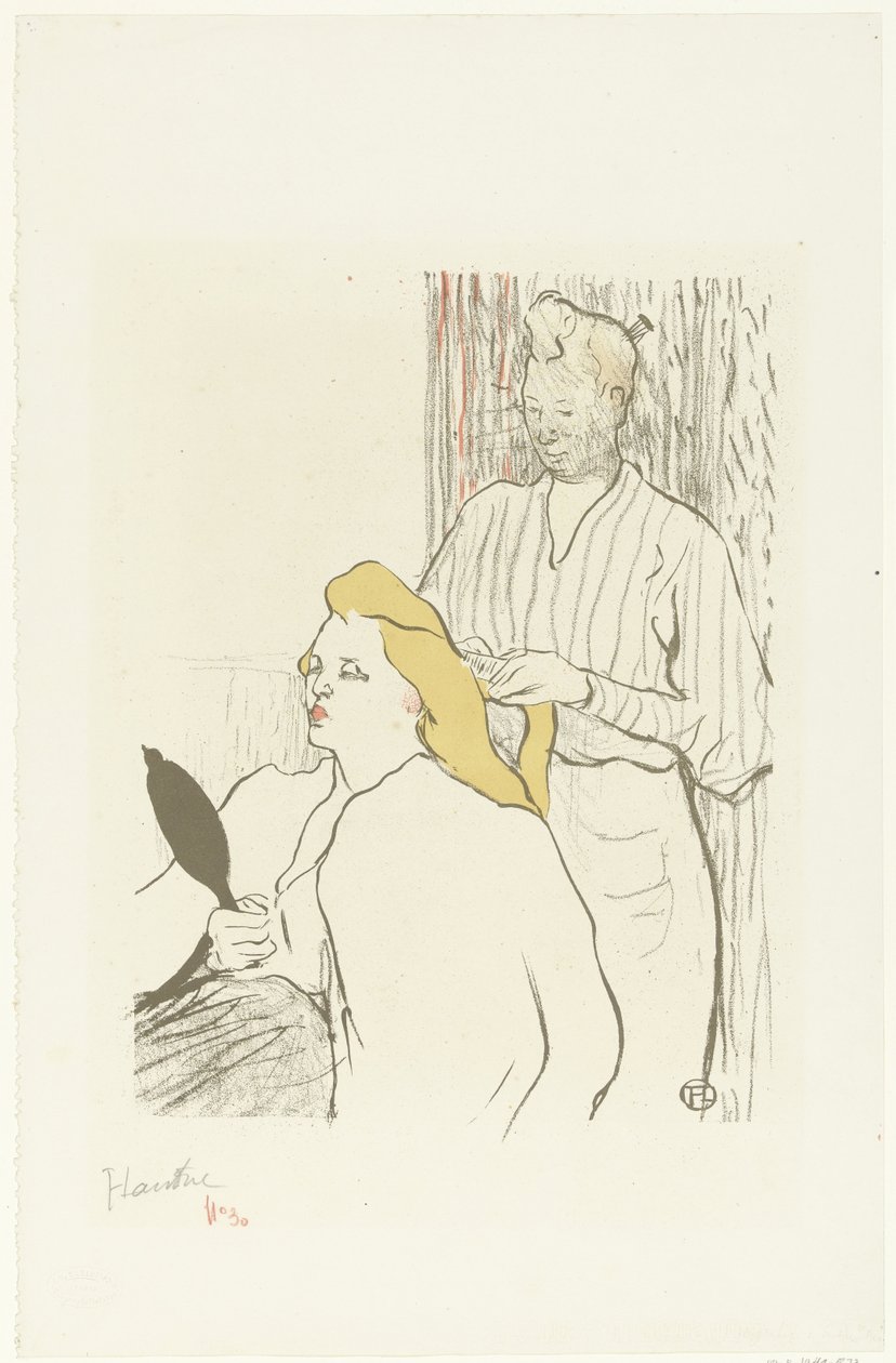 Frisør gre håret til sittende kvinne med speil i hånden Le coiffeur Program du Théâtre Libre av Henri de Toulouse Lautrec (signed by artist)