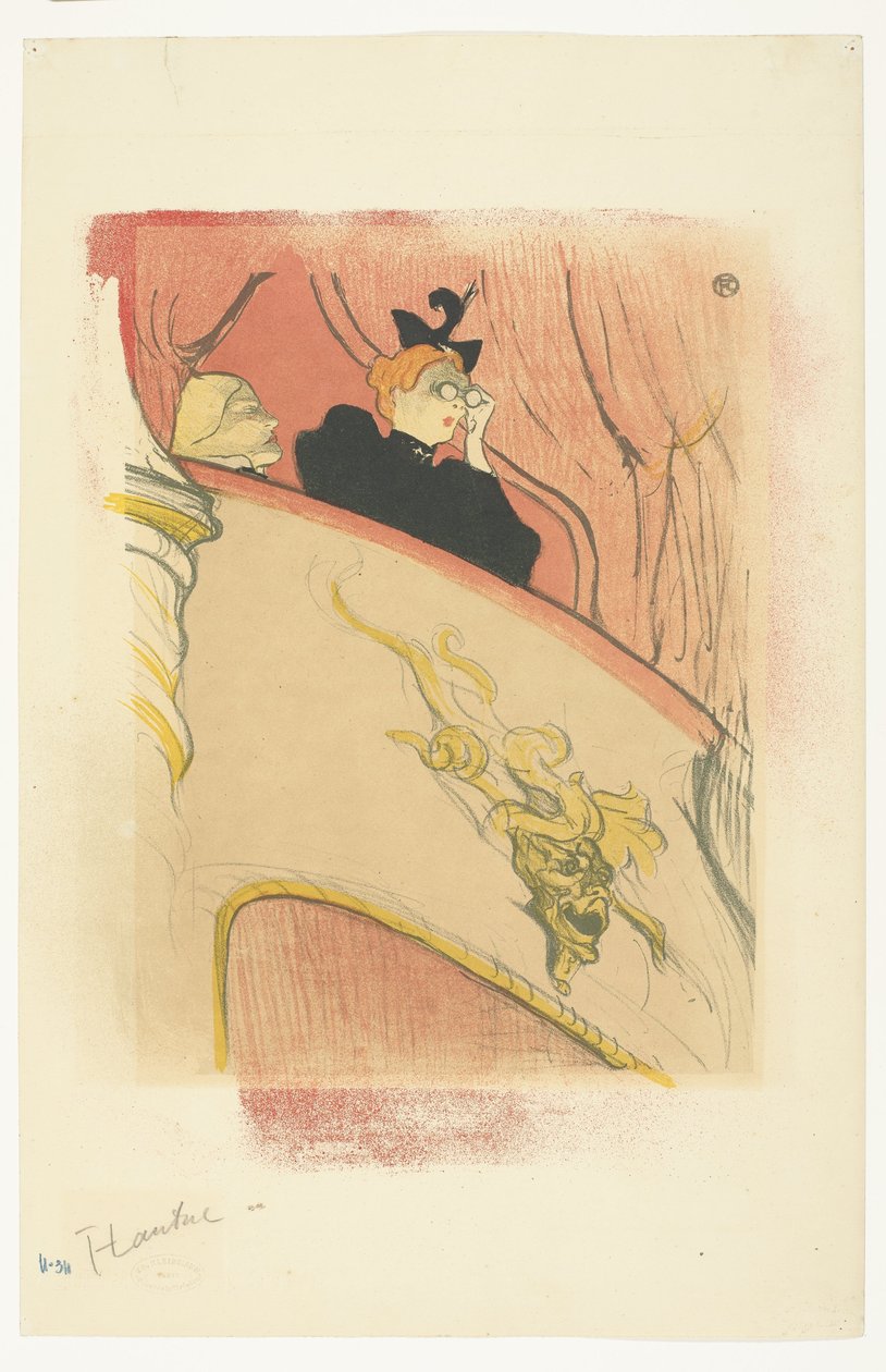 "La Loge au Mascaron doré" (The Box with the Gilded Mask) Kvinne med operabriller på balkong i teater La Loge au mascaron doré av Henri de Toulouse Lautrec (signed by artist)