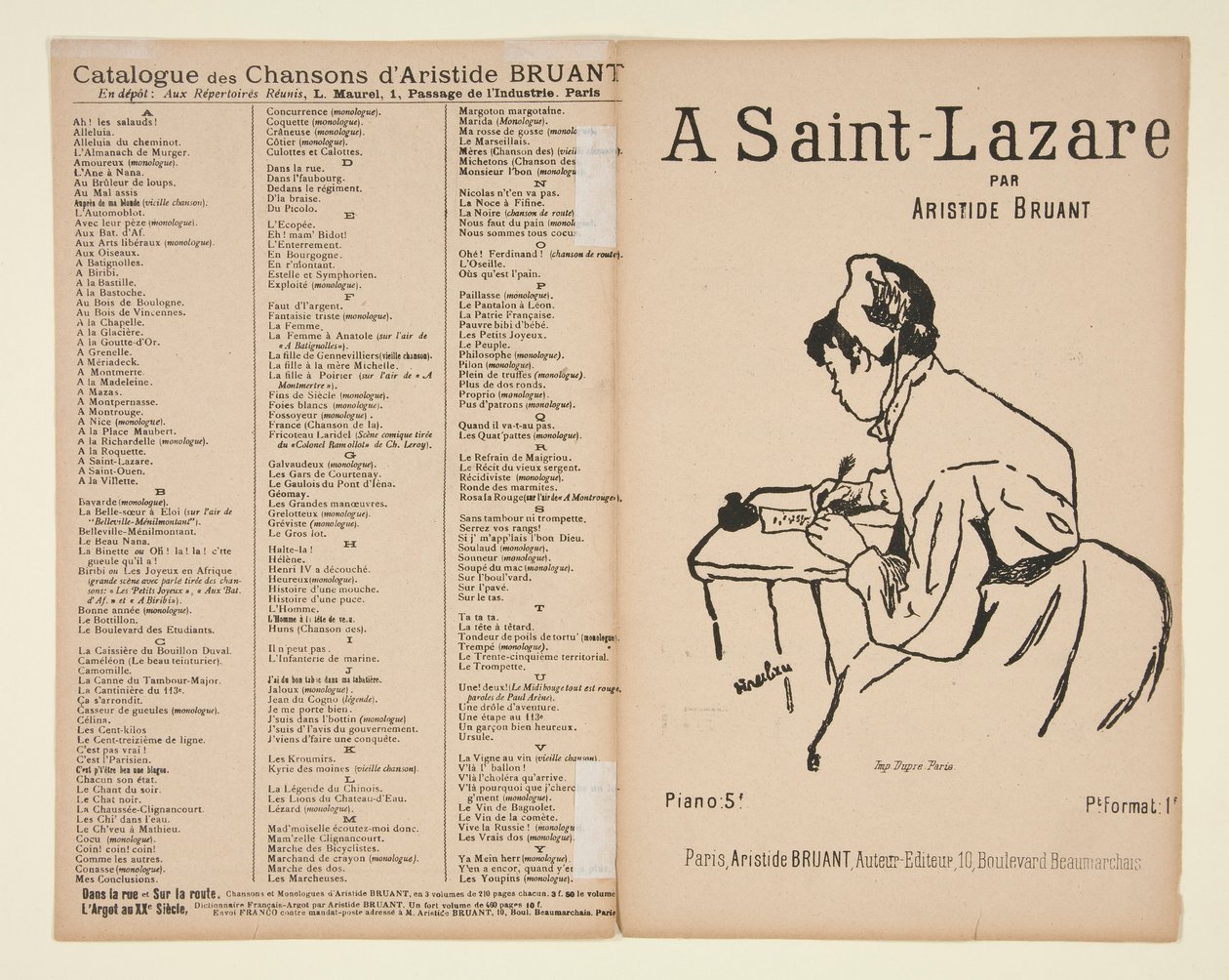 A Saint-Lazare, ord og musikk av Aristide Bruant, omslag for noteark av Henri de Toulouse Lautrec