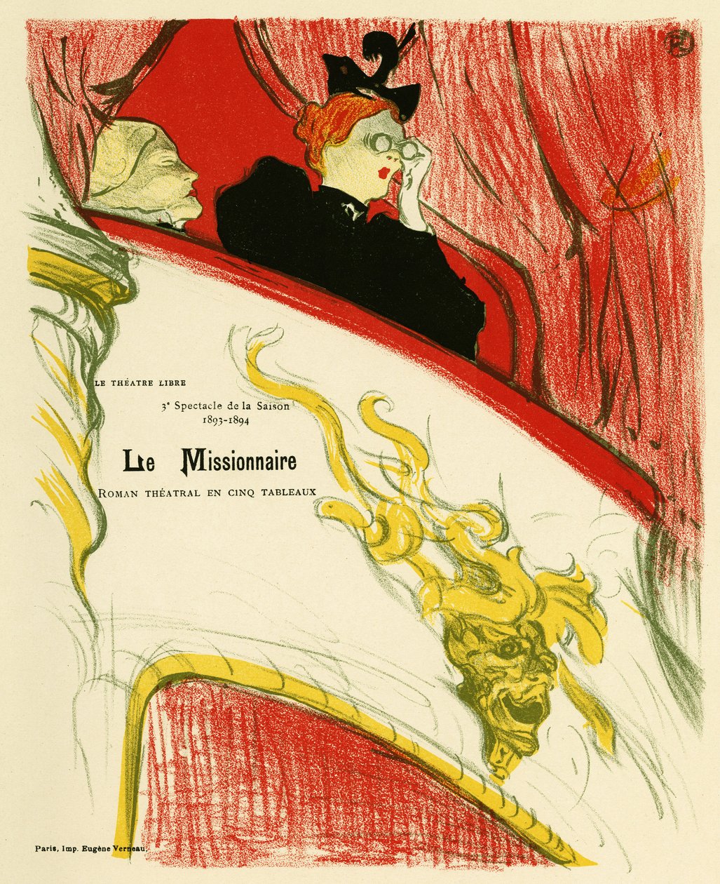 En kvinne i et teateromkledningsrom ved hjelp av en kikkert. Plakat for misjonæren, skuespill av Marcel Luguet, representert i 1893 ved Free Theatre opprettet i 1887 av Andre Antoine (1858-1943), Illustrasjon en litografi av Henri de Toulouse Lautrec av Henri de Toulouse Lautrec