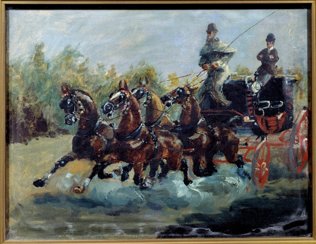 Alphonse fra Toulouse Lautrec kjører e-posttreneren sin. Postvognen er en sedan med fire hester, med flere seterader på toppen av bilen). Maleri av Henri de Toulouse Lautrec av Henri de Toulouse Lautrec
