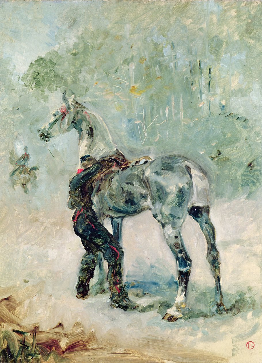 Artillerist som saler hesten sin, 1879 av Henri de Toulouse Lautrec