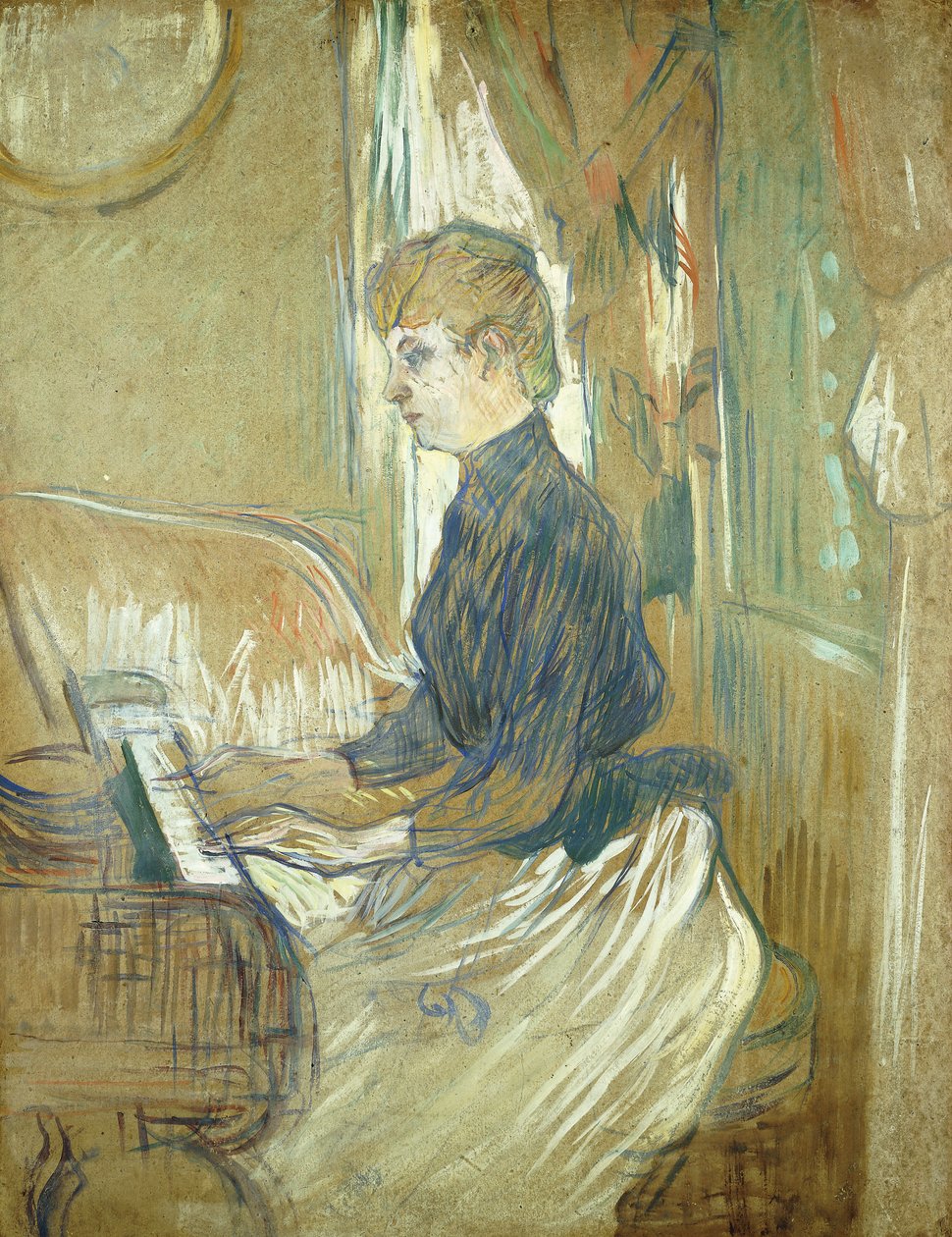 Ved pianoet, Madame Juliette Pascal i Salongen på Chateau de Malrome; Ved pianoet, Madame Juliette Pascal i salongen på Chateau de Malrome, 1896 av Henri de Toulouse Lautrec