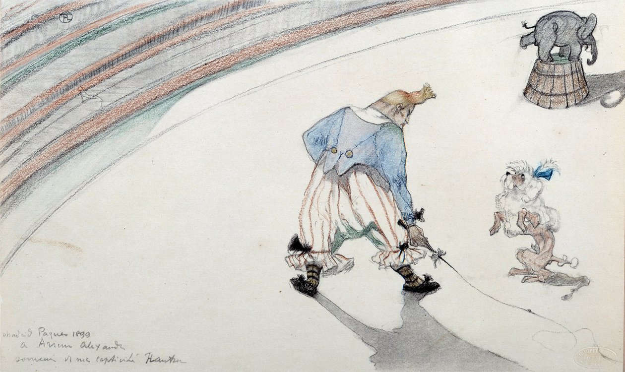 Sirkusscene: dressur. En klovn med en vitenskapshund og en akrobatisk elefant. Tegning av Henri de Toulouse Lautrec (1864-1901) Albi fra 1800-tallet, Musee de Toulouse Lautrec av Henri de Toulouse Lautrec