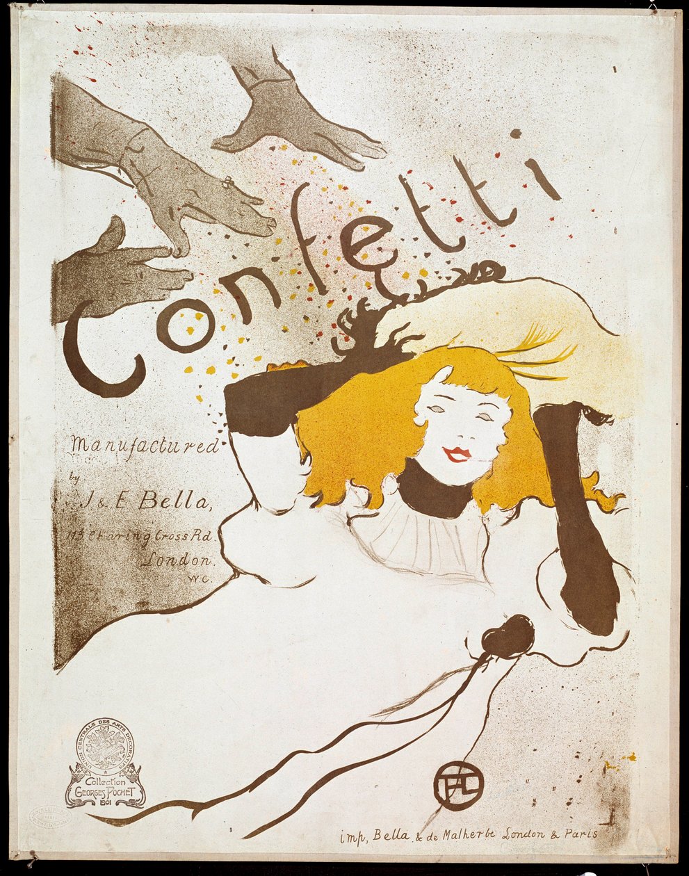 Konfetti: hender kaster konfetti-håndledd på en kvinne med gult hår. Plakat av Henri de Toulouse-Lautrec (1864-1901). Dim. 0,54 x 0,39. 1893. Albi, Musee Toulouse Lautrec av Henri de Toulouse Lautrec