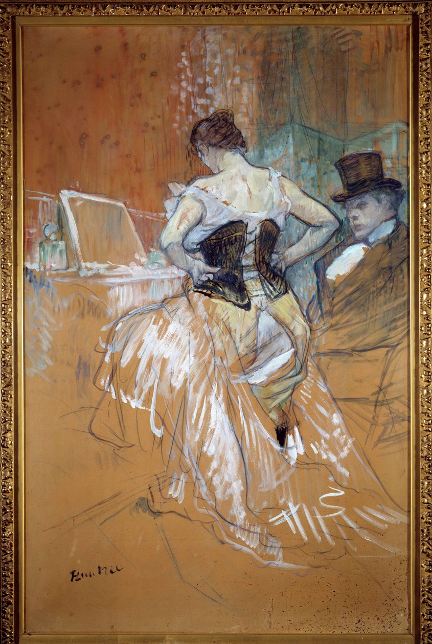 Conquest in transit, kvinnen i korsettet Prostituee kler seg foran klienten sin på et bordell. Pastell og tegning av Henri de Toulouse Lautrec (Toulouse-Lautrec av Henri de Toulouse Lautrec