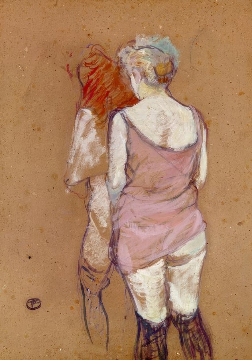 To halvnakne kvinner bakfra, hus i rue des Moulins av Henri de Toulouse Lautrec
