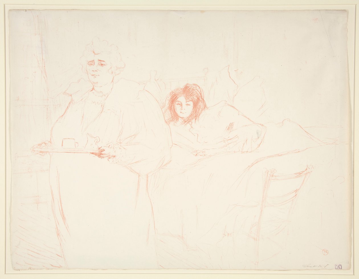 Woman with a Tray, Breakfast, Madame Baron and Mademoiselle Popo (Woman with a Tray, Breakfast, Madame Baron and Mademoiselle Popo), fra serien Elles av Henri de Toulouse Lautrec
