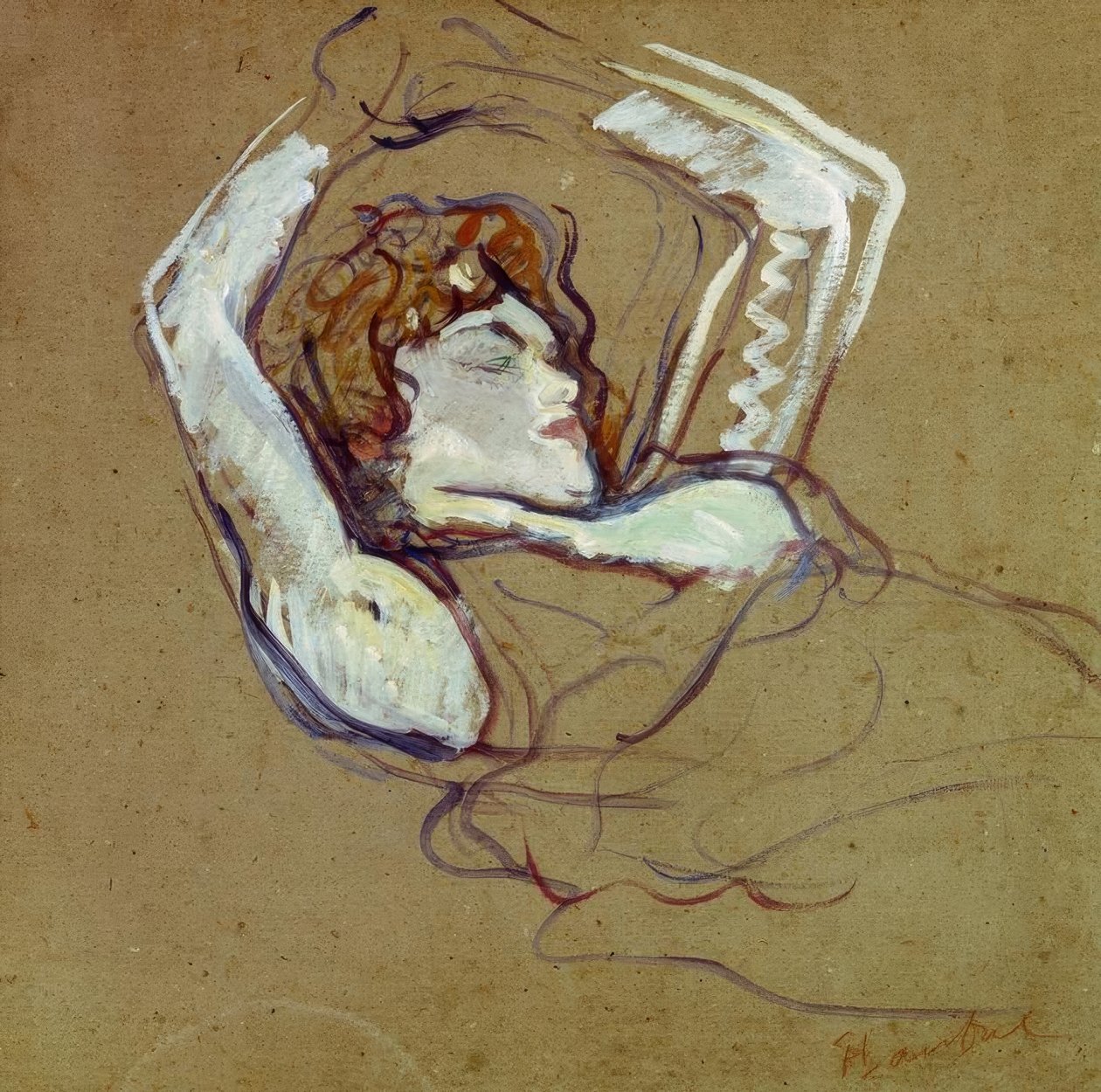 Kvinne liggende på ryggen med armene hevet av Henri de Toulouse Lautrec