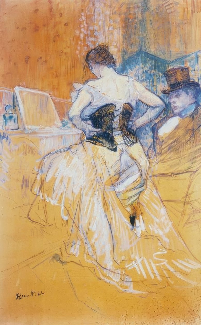 Kvinne tar på seg korsettet, passerer erobring av Henri de Toulouse Lautrec