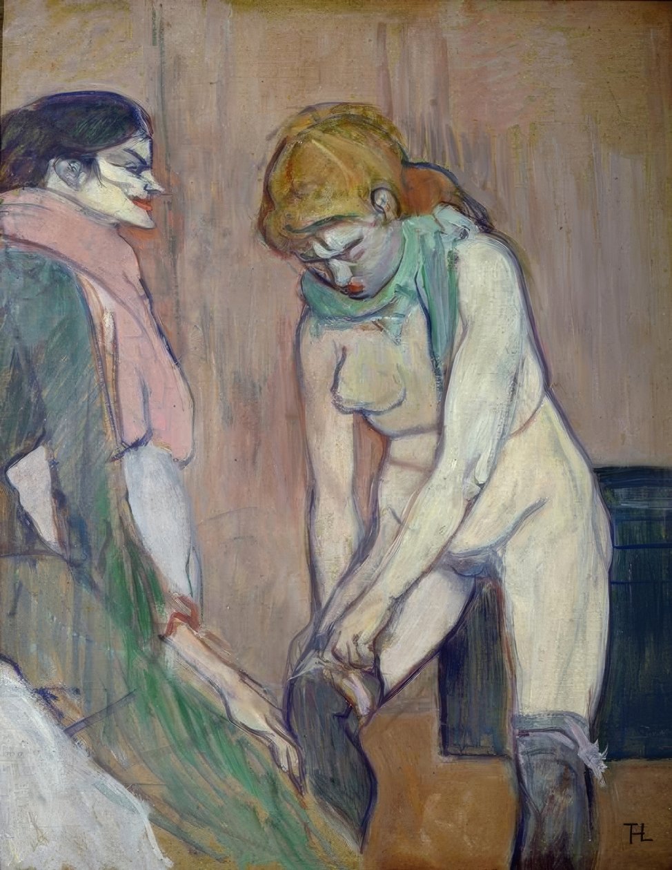 Kvinne trekker strømpene av Henri de Toulouse Lautrec