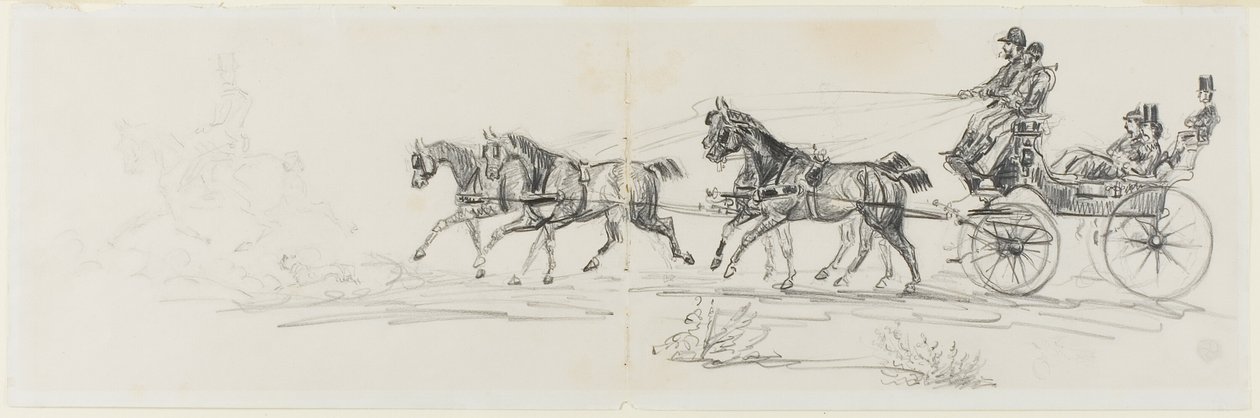 Hestevogn foran en enkelt rytter (recto); Mann på hest med pledd og skisser av hoder, hester og triumfbue (verso) av Henri de Toulouse Lautrec