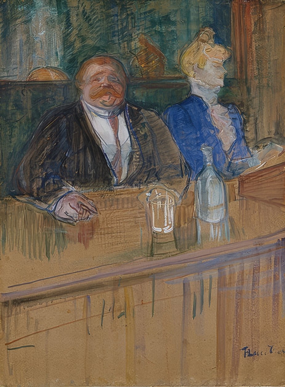 I kafeen. Patronen og den bleke kassereren. (Au café: le patron et la caissière chlorotique). 1898 av Henri de Toulouse Lautrec
