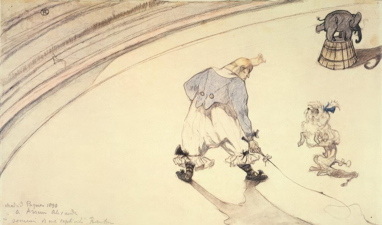 På sirkuset: Klovnen Footit med puddelhund og elefant av Henri de Toulouse Lautrec