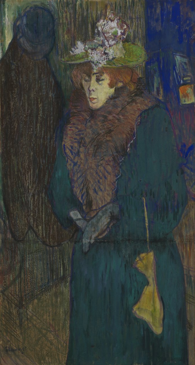 Jane Avril i inngangen til Moulin Rouge, tar på seg hanskene, ca. 1892 av Henri de Toulouse Lautrec