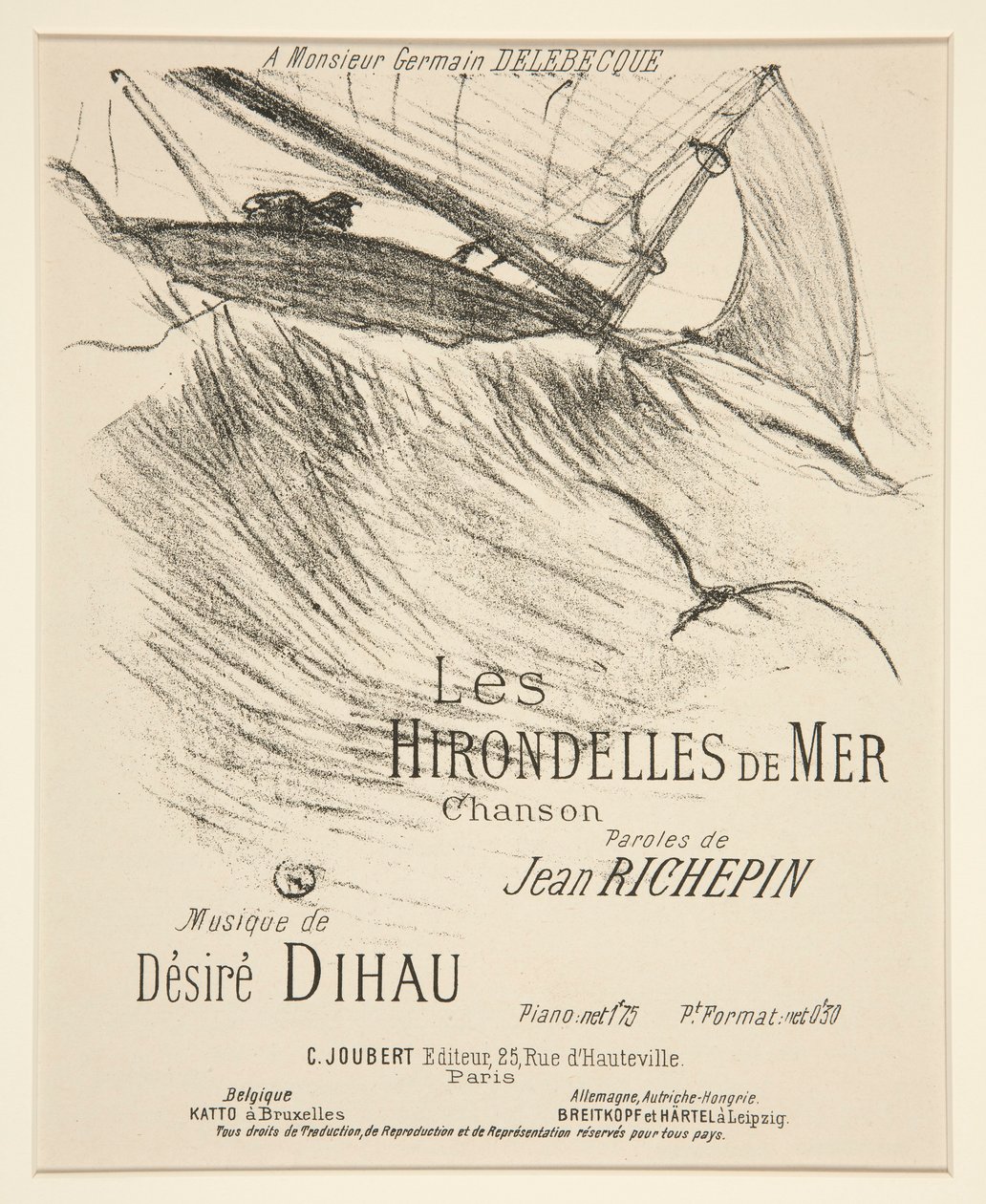 LES HIRONDELLES DE MER - Omslagsark for trykt musikalsk komposisjon (dikt av Richepin satt til musikk av Dihau) av Henri de Toulouse Lautrec