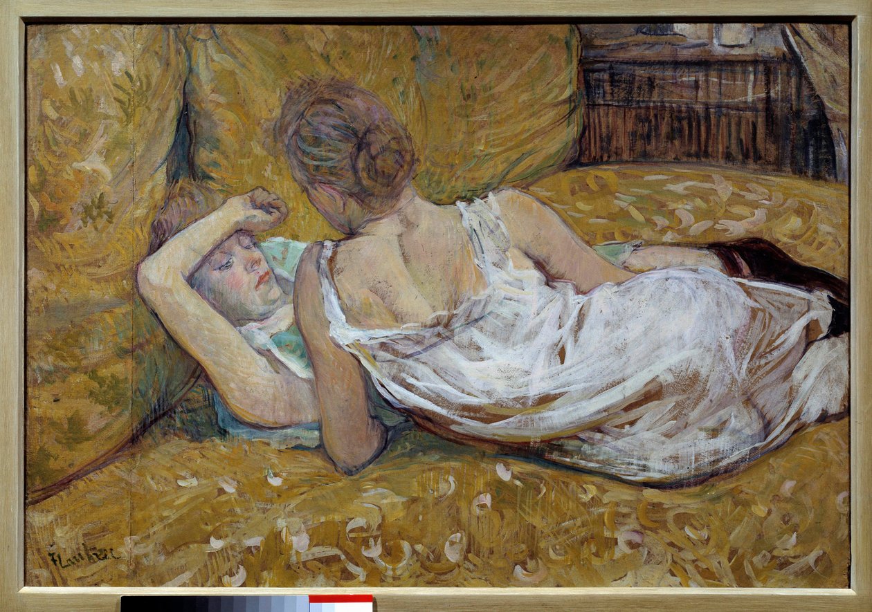 Les deux friendies Unge kvinner liggende på en seng - Maleri av Henri de Toulouse Lautrec (1864-1901) 1895 Collection privee - De to vennene - Maleri av Henri de Toulouse Lautrec (1864-1901) av Henri de Toulouse Lautrec