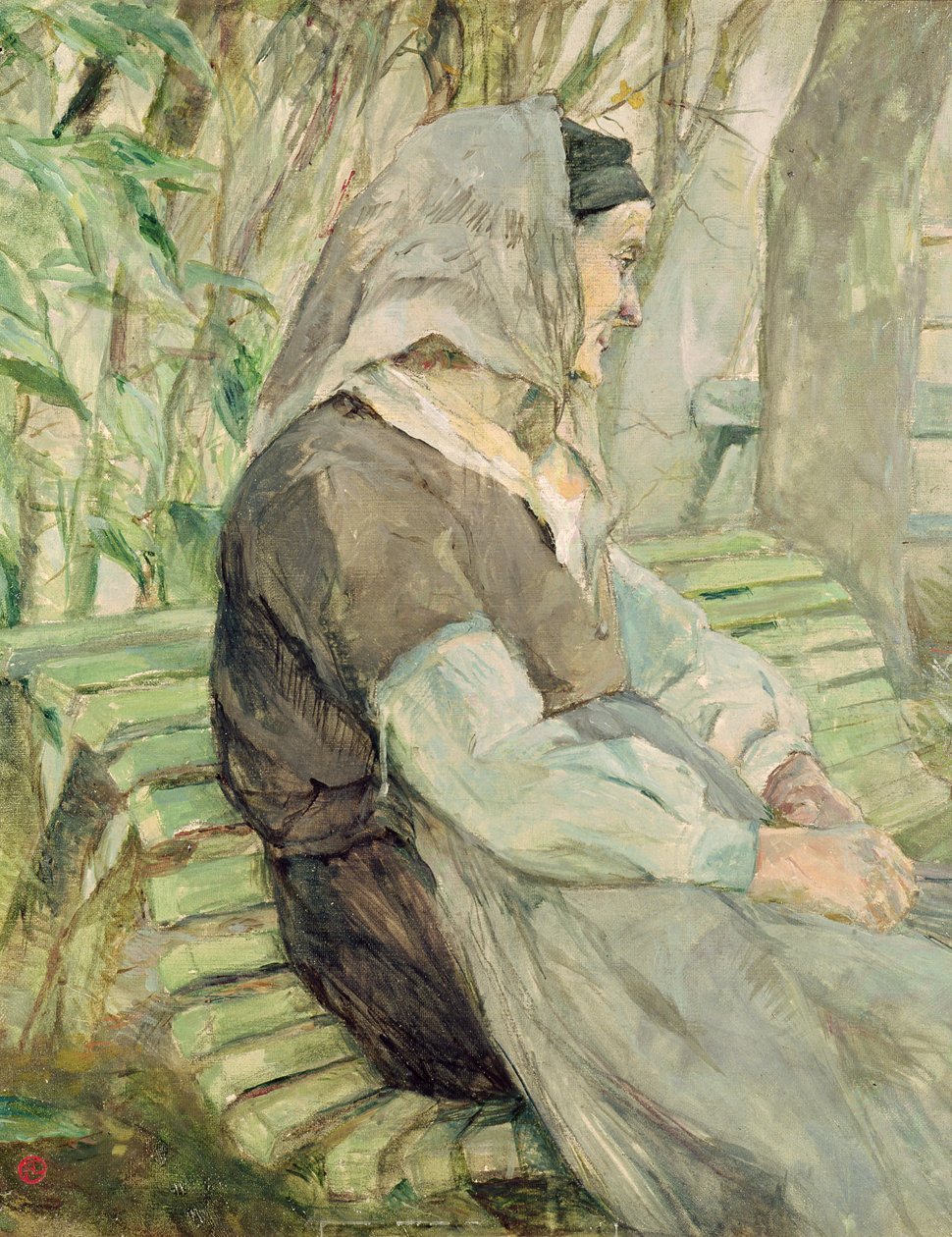 Gammel kvinne sitter på en benk i Celeyran av Henri de Toulouse Lautrec