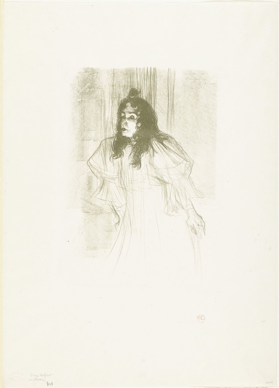 Portrett av sangeren May Belfort med løst hengende hår av Henri de Toulouse Lautrec