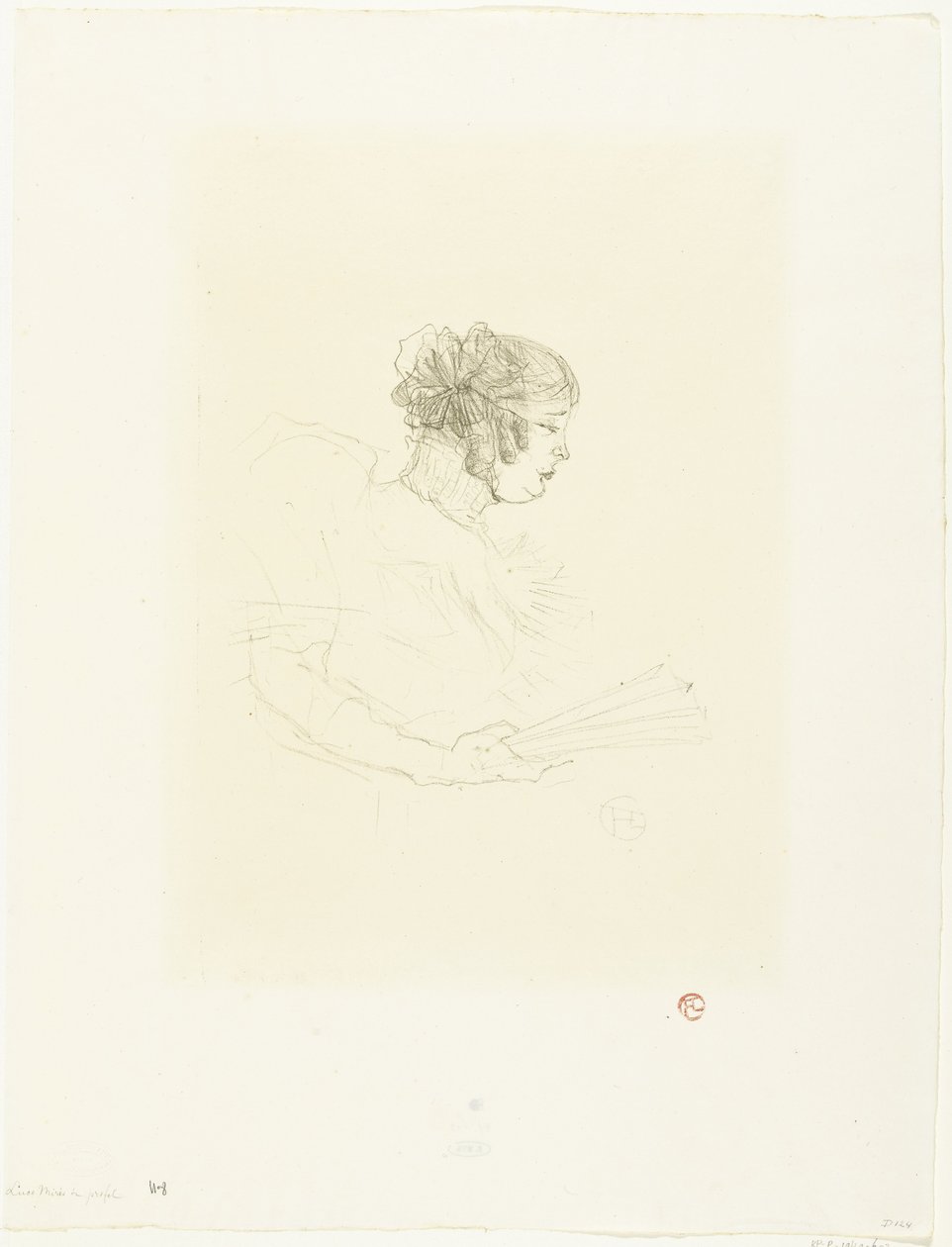 Portrett av skuespillerinnen Luce Myrès med fan Luce Myrès de profil av Henri de Toulouse Lautrec