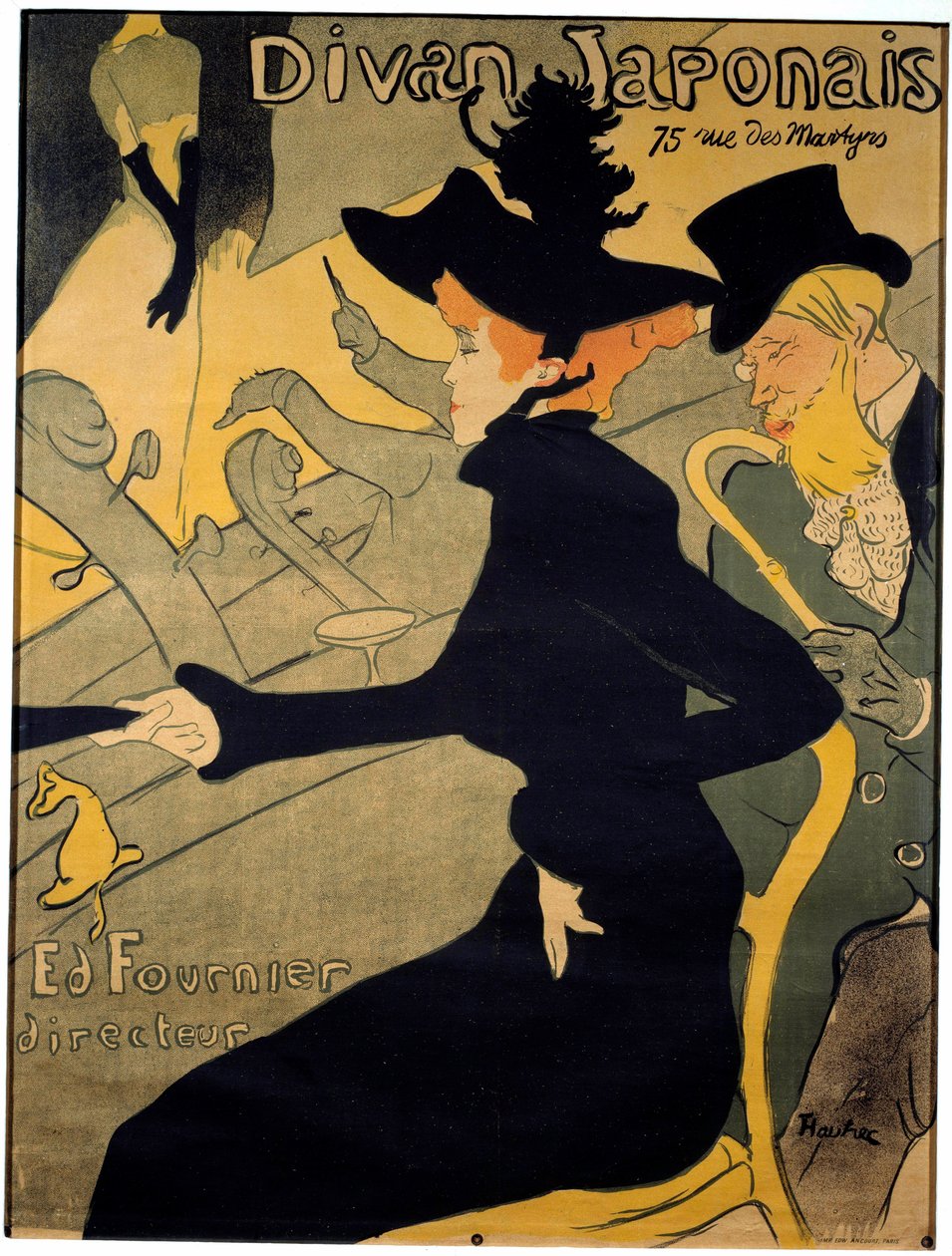 Plakat for den parisiske kabareten "" The Japanese couch "" som viser danseren Jane Avril (1868-1943) og danseren. forfatter Edouard Dujardin (1861-1949) ser på sangeren Yvette Guilbert (1867-1944) opptre på scenen - Litografi av Henri de Toulouse-Lautr av Henri de Toulouse Lautrec