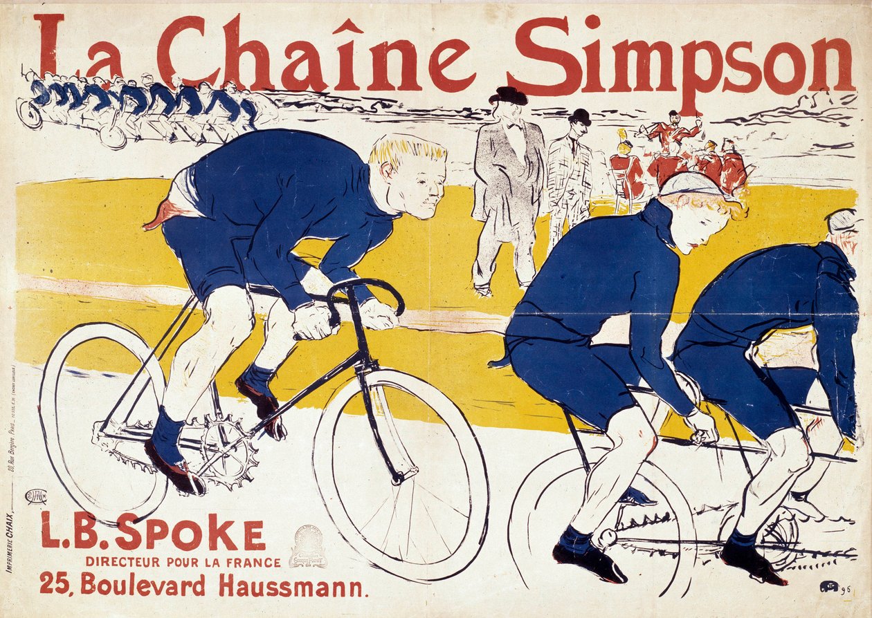 Plakat for Simpson sykkelkjeder. Illustrasjon av Henri de Toulouse Lautrec (Toulouse-Lautrec) (1864-1901). 1800-tallet. Paris, bibliotek for dekorativ kunst av Henri de Toulouse Lautrec