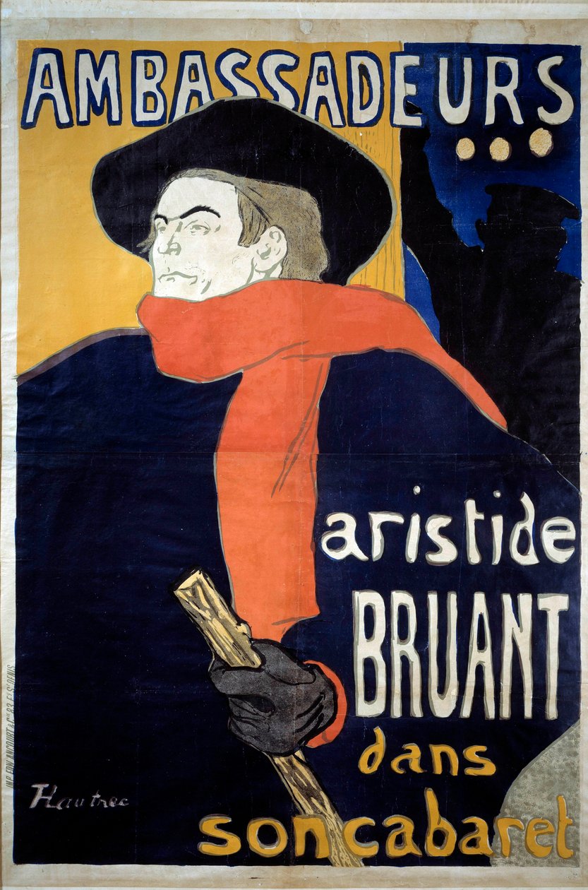 Plakat for det spektakulære av Aristide Bruant (1851-1925), fransk låtskriver. "" Ambassadører - Aristide Sparrow i sin kabaret "". Litografi av Henri de Toulouse-Lautrec (1864-1901). 1892. Dim 1,41 x 0,98 m Brussel, musee d