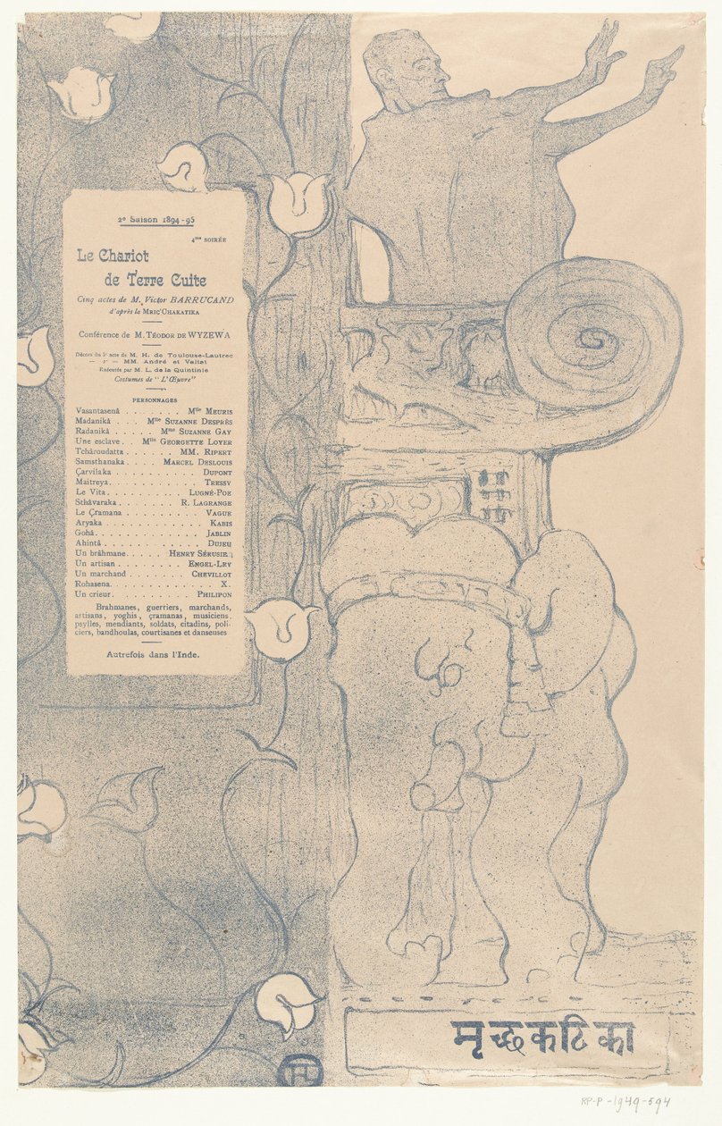 Program for stykket Le chariot de terre cuite med skuespiller Felix Fénéon stående på balkongen over indisk elefant Program for Le chariot de terre cuite av Henri de Toulouse Lautrec