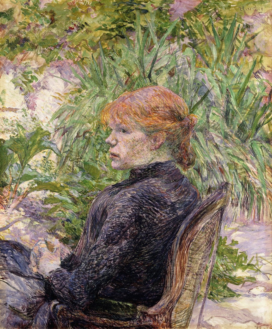 Rødhåret kvinne sitter i hagen til Mr, 1889 av Henri de Toulouse Lautrec