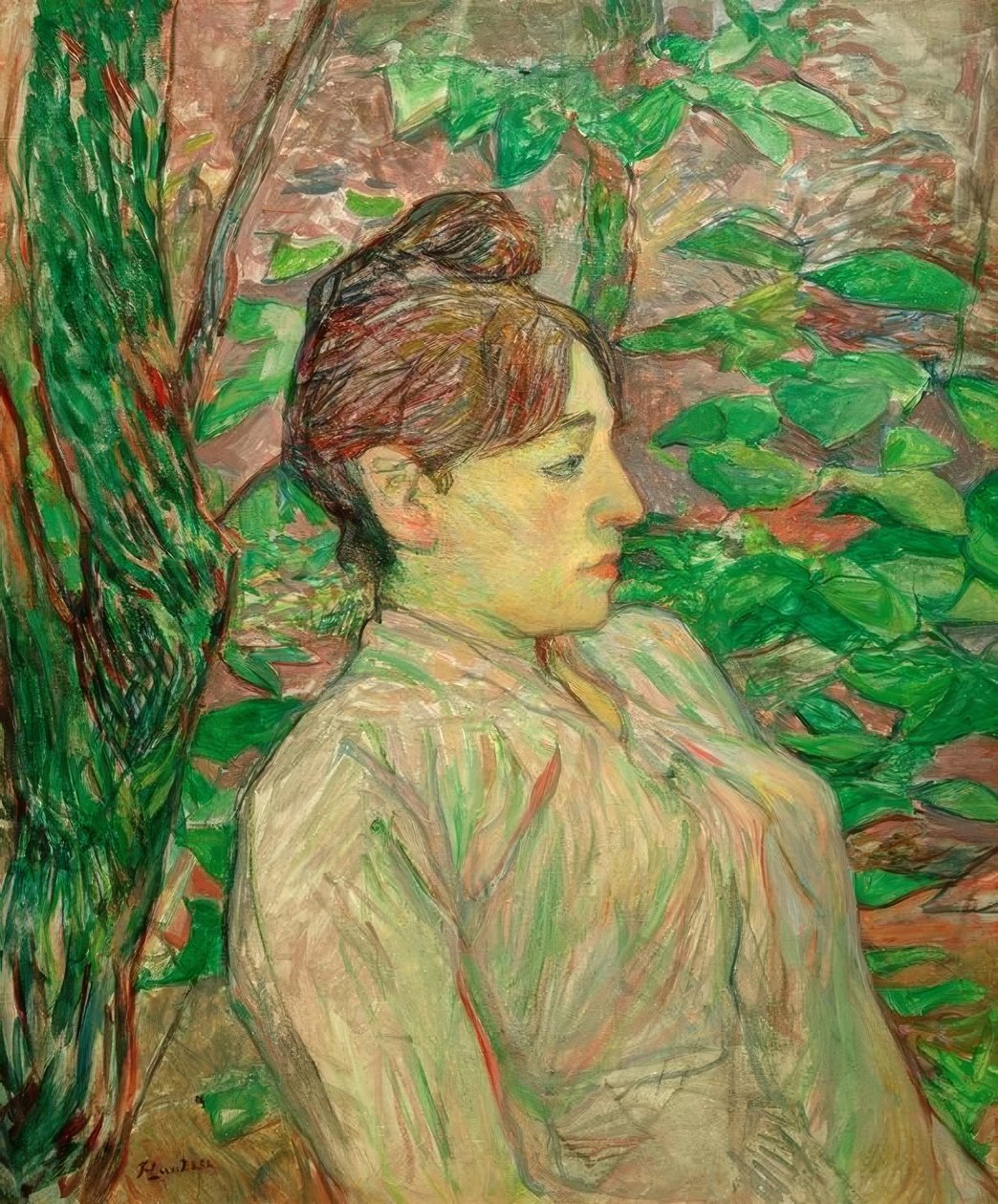 Under grøntområdet (Kvinne sitter i en hage) av Henri de Toulouse Lautrec