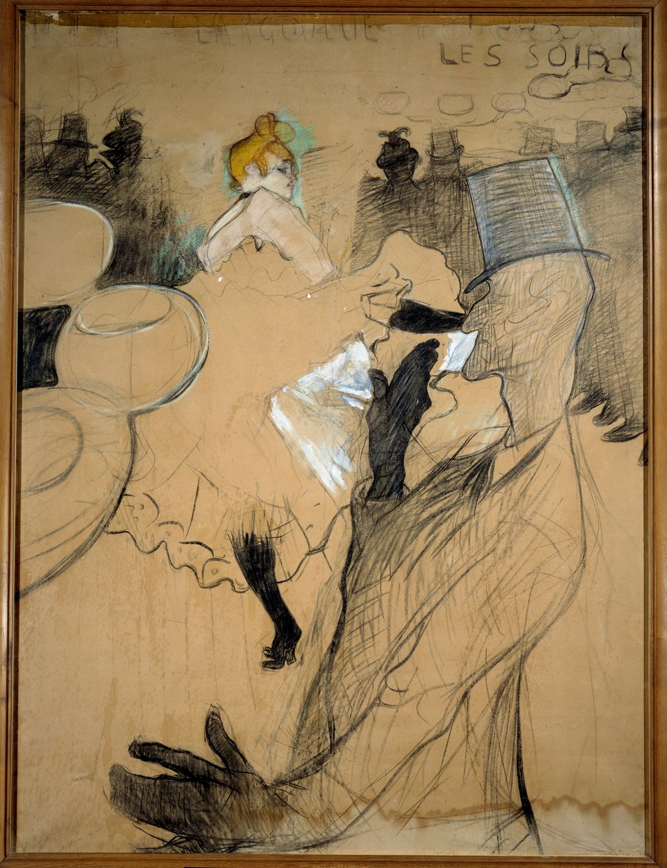 Den røde møllen, Goulue og Valentin le Desosse. Skisse, kull med fargede høydepunkter. Tegning av Henri De Toulouse Lautrec (1864-1901) av Henri de Toulouse Lautrec