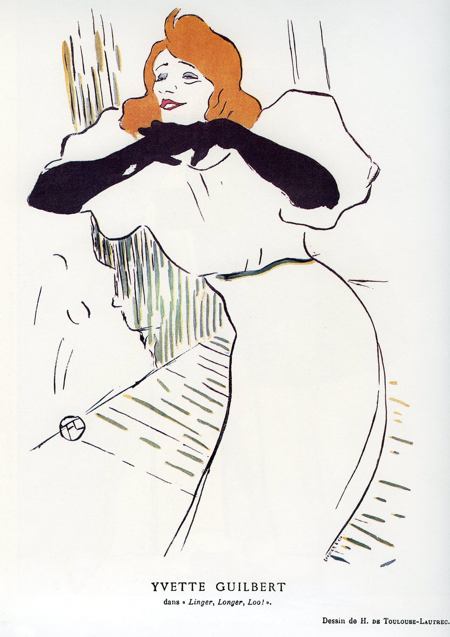 Sangerinnen Yvette Guilbert (1867-1944) i "" Linger, Longer, Loo "": tegning av Henri de Toulouse Lautrec (Toulouse-Lautrec) av Henri de Toulouse Lautrec
