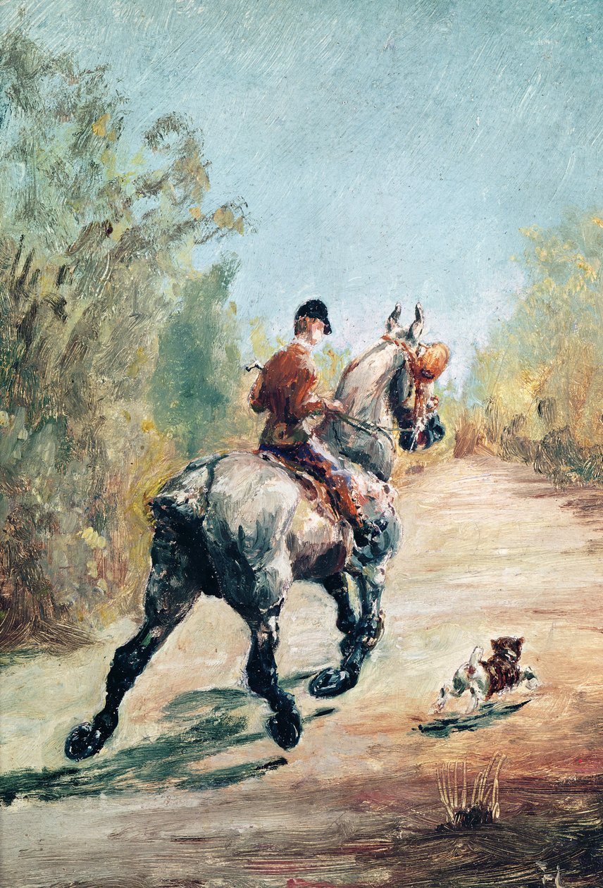 Travrytter med en liten hund, 1879 av Henri de Toulouse Lautrec