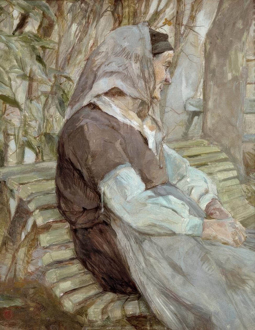 Gammel kvinne sitter på en benk, i Céleryran av Henri de Toulouse Lautrec