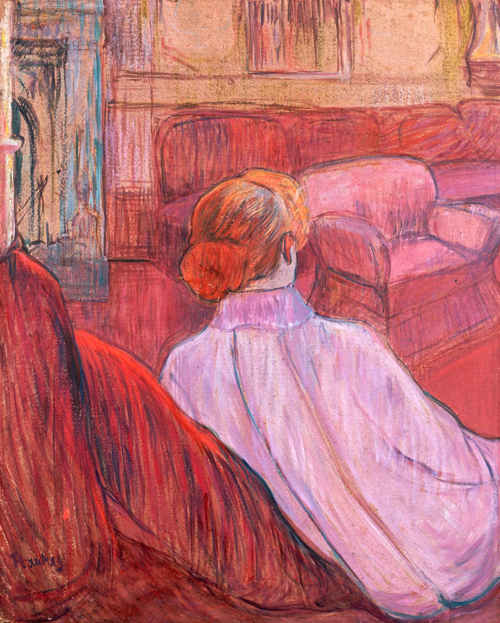 Kvinne sitter på en rød sofa av Henri de Toulouse Lautrec