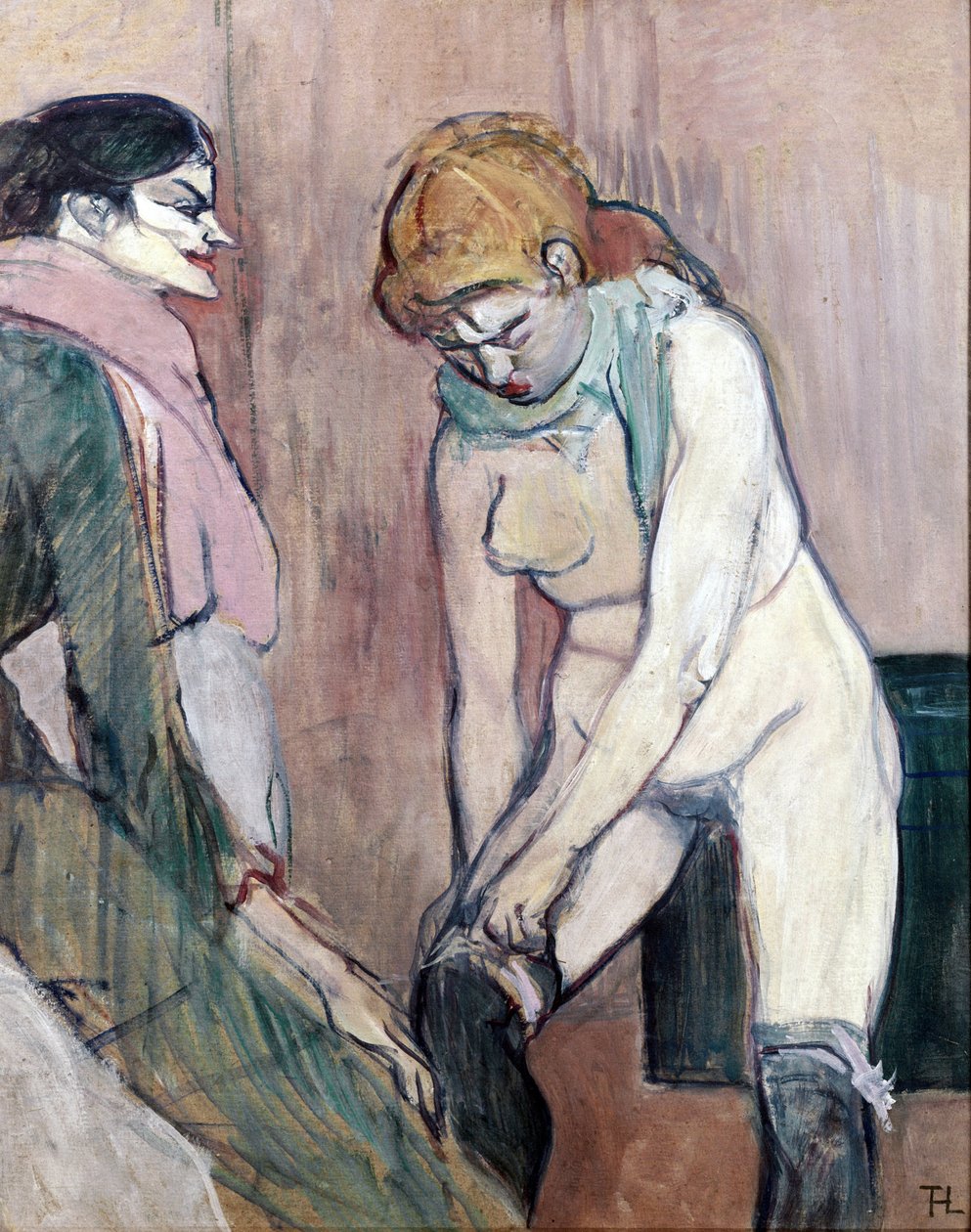 Kvinne som trekker strømpene eller Woman of house (maler på papp av Henri de Toulouse Lautrec