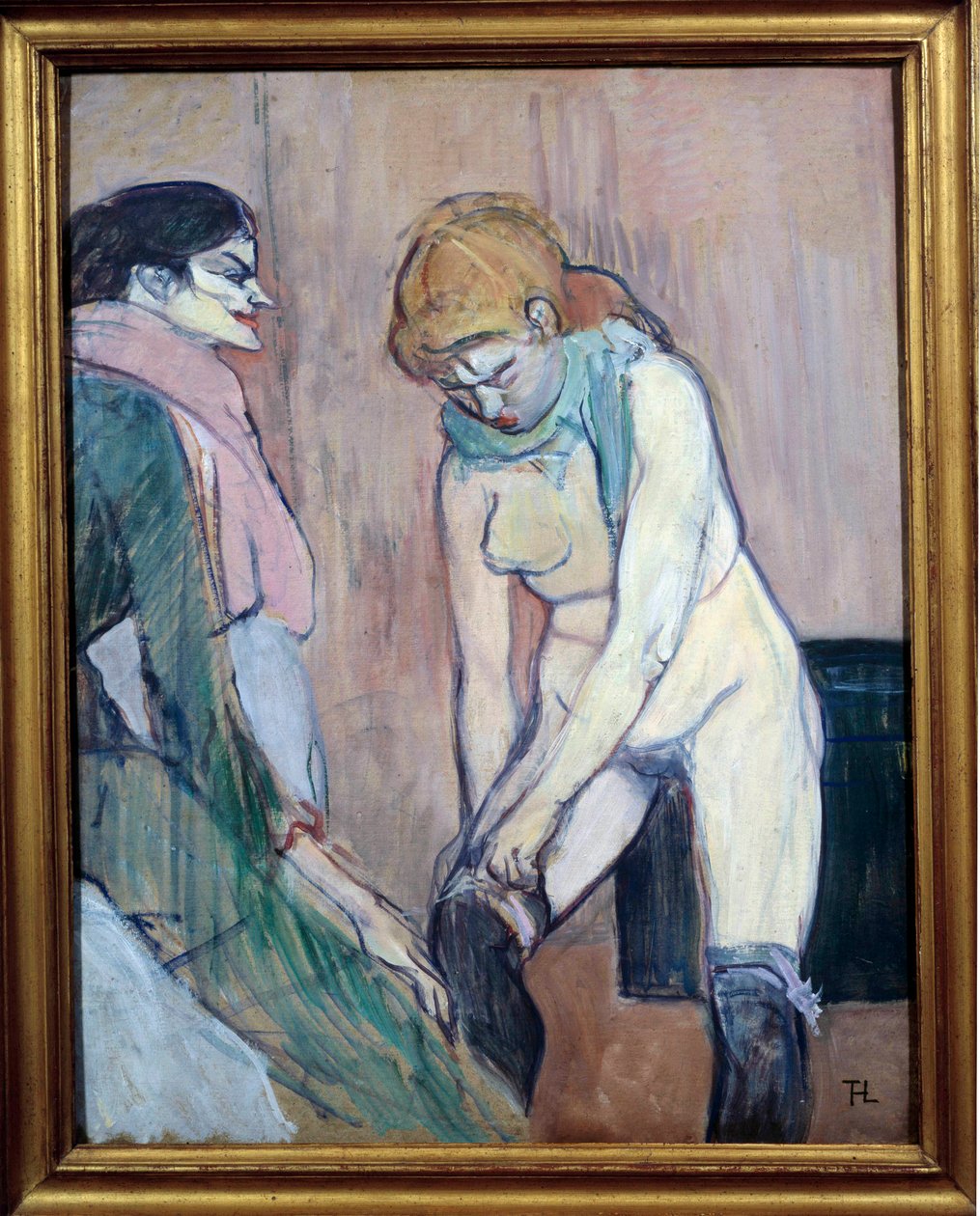 Kvinne som trekker strømpene eller "" Woman of house"" Maleri på papp av Henri de Toulouse Lautrec (1864-1901) 1894 Søn. 0,58x0,46 m. Paris, Musee d