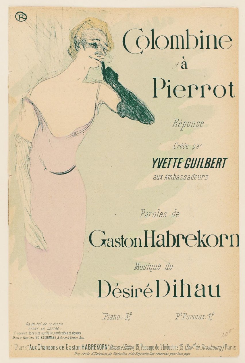 Yvette Guilbert, i Colombine ved Pierrot av Henri de Toulouse Lautrec