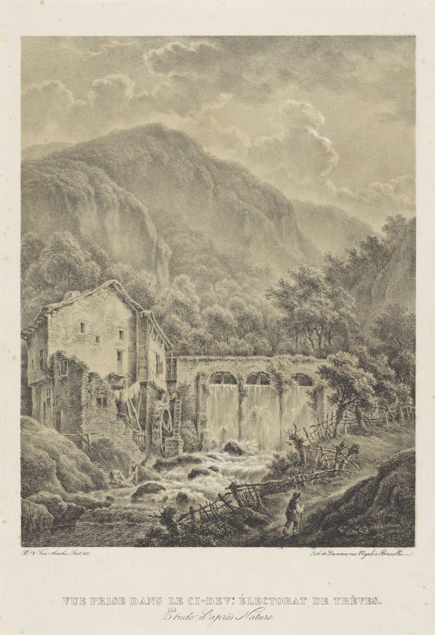 Fjelllandskap med vannmølle nær Trier Vue premie dans le ci dev. Éctorat de trèves (tittel på objekt) av Henri van Assche