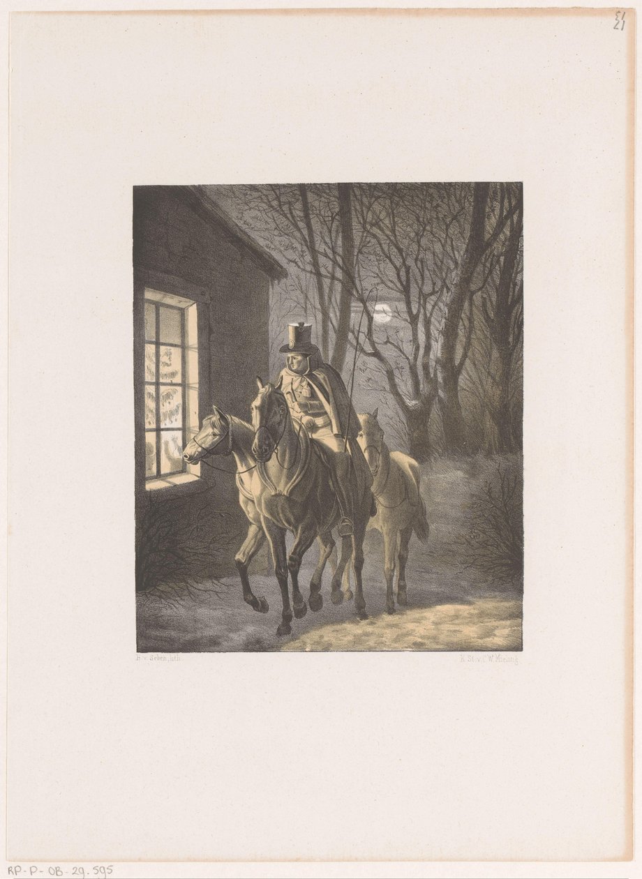 Mann på hesteryggen rir forbi huset av Henri van Seben