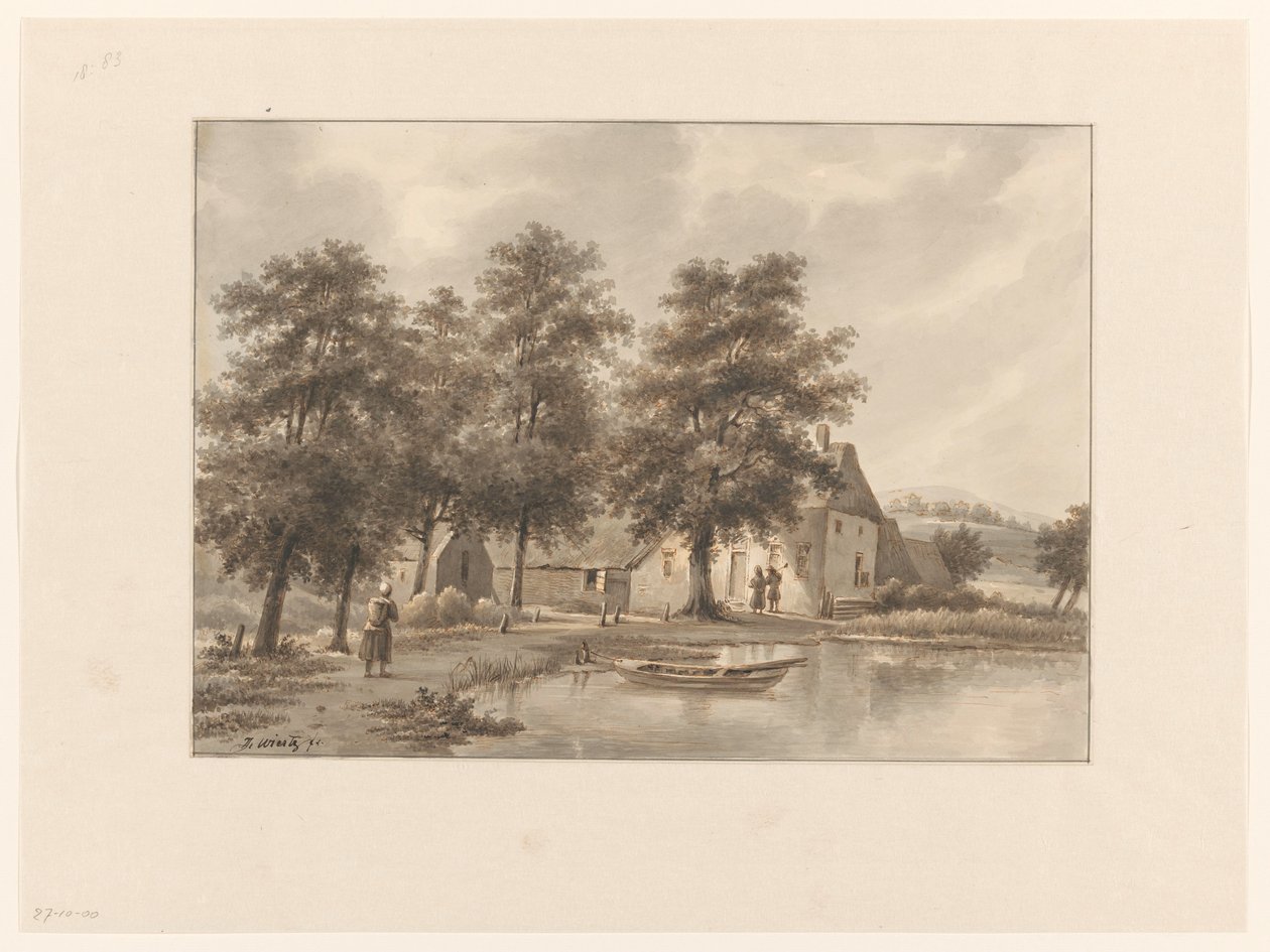Utsikt over en gård ved vannet av Henricus Franciscus Wiertz (signed by artist)