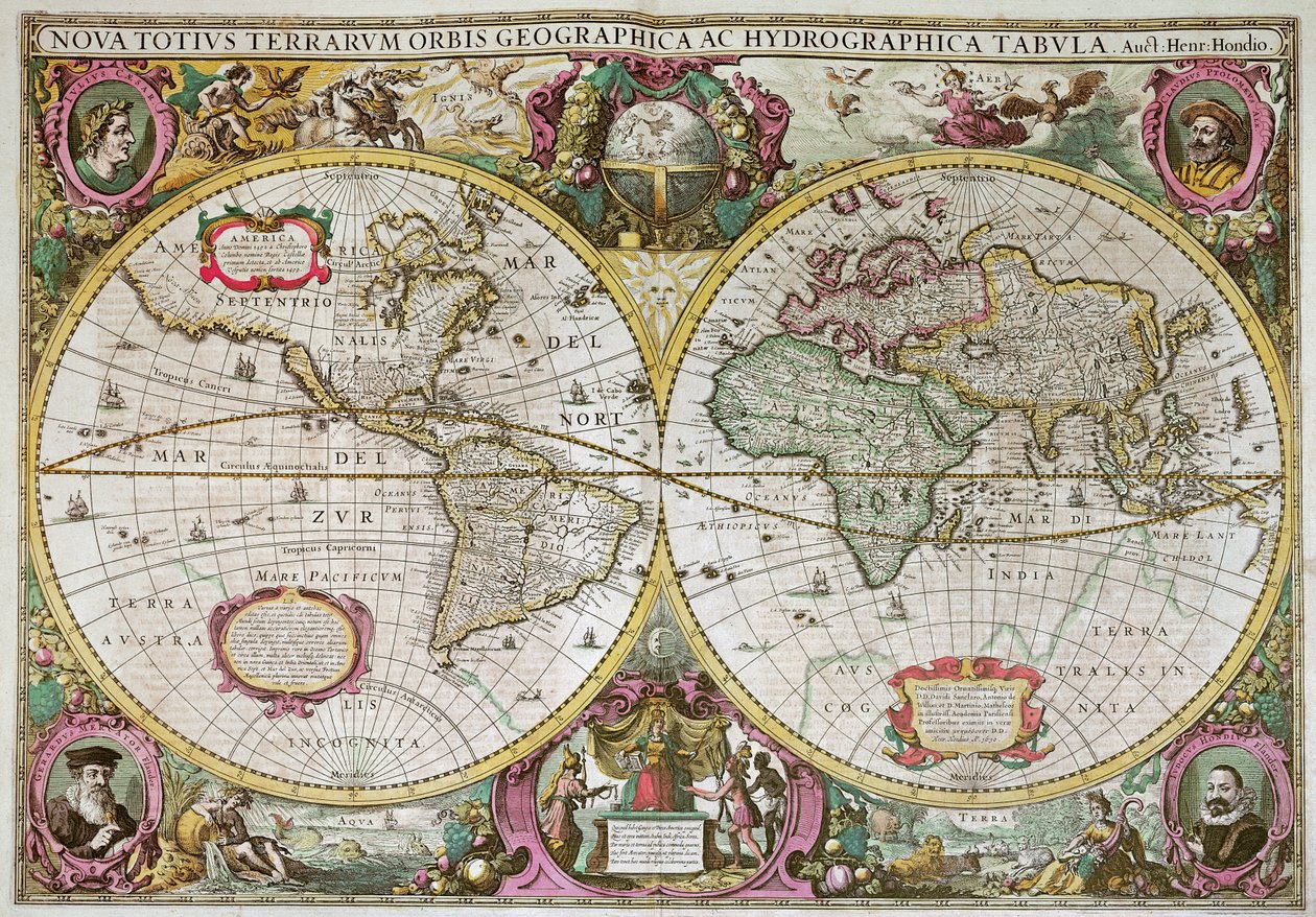 Et nytt land- og vannkart over hele jorden, 1630 av Henricus Hondius II