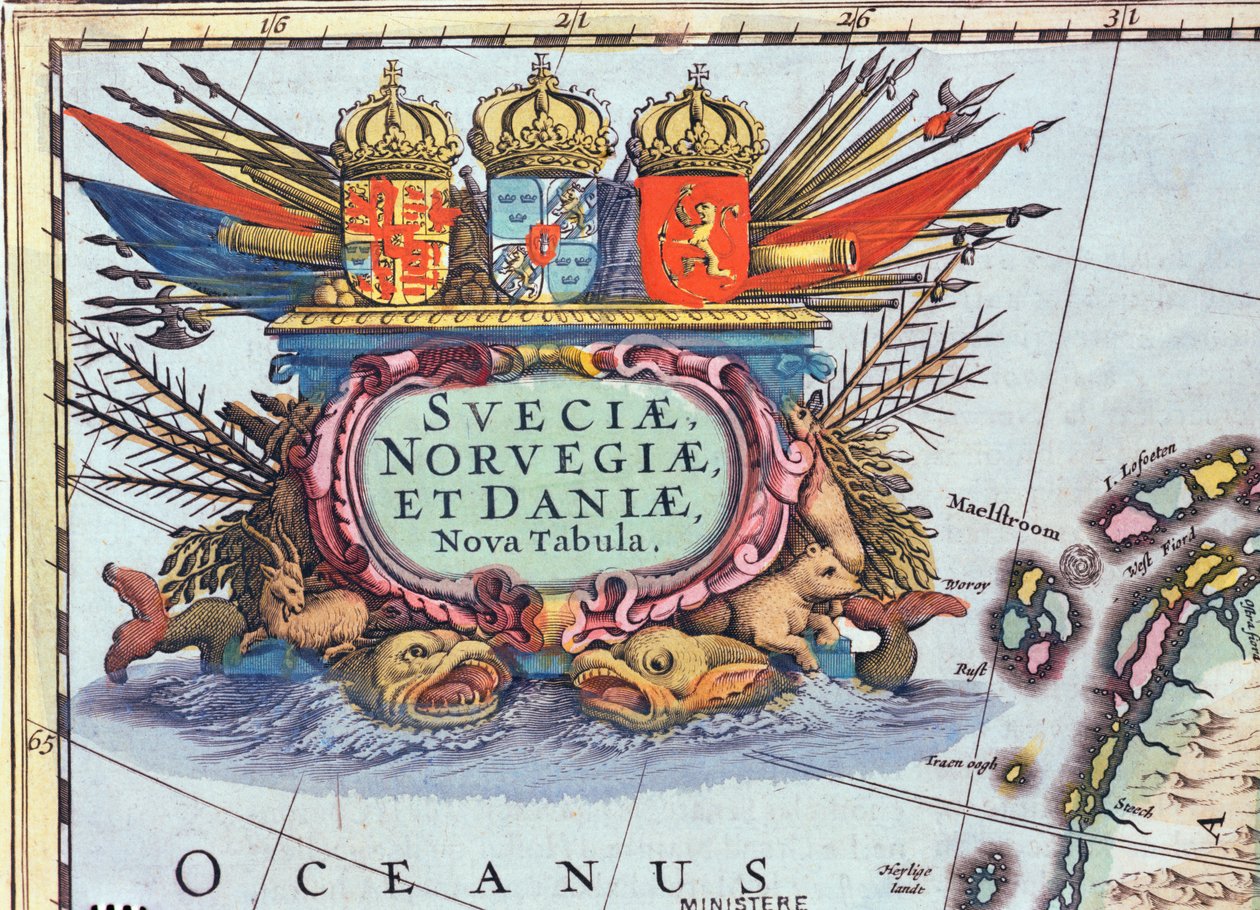 Kartusj fra et kart over Sverige, Norge og Danmark, 1631 (fargegravering) av Henricus Hondius II