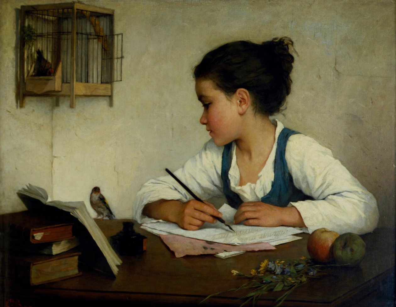 En jente som skriver; Pet Goldfinch av Henriette Browne