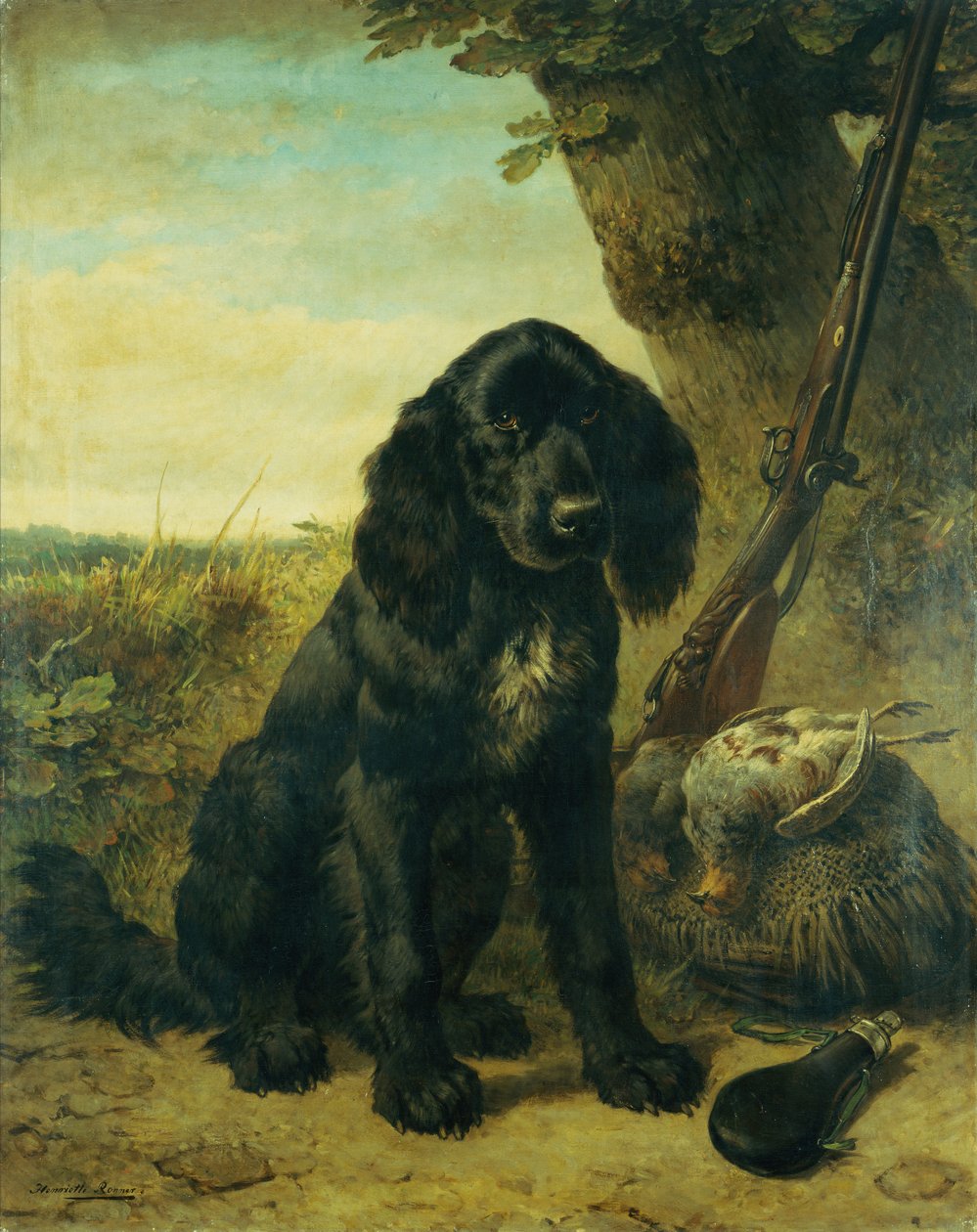 En flatbelagt retriever ved et tre (olje på lerret) av Henriëtte Ronner Knip