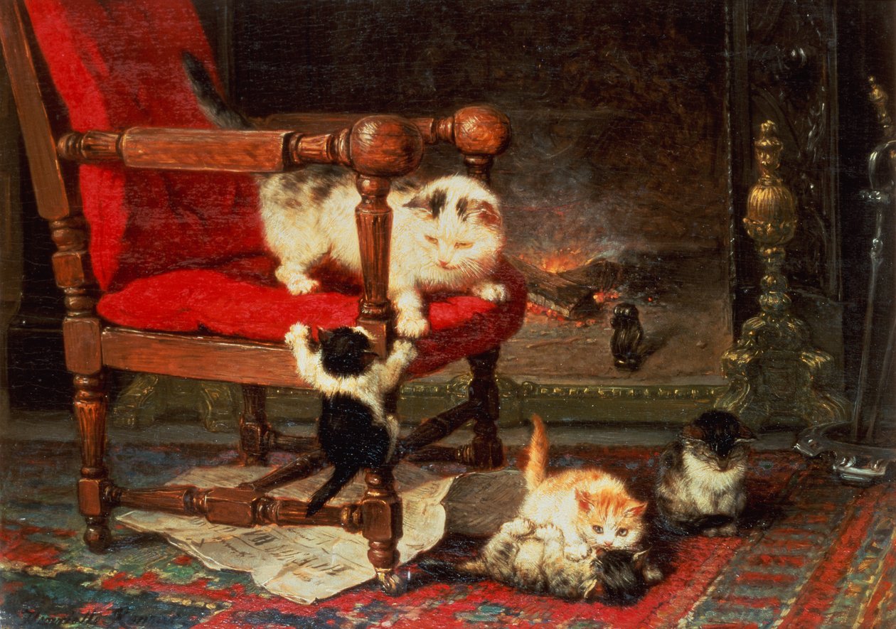 Leker med ildens varme (olje på lerret) av Henriëtte Ronner Knip