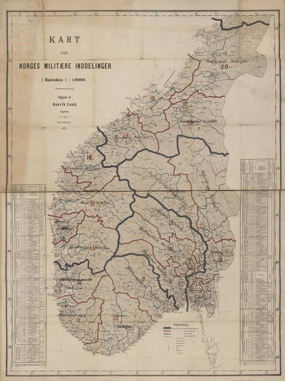 Kart fra Nasjonalbibliotekets kartsamling. Kartet er gitt ut i Kristiania (1877) og viser Norge. av Henrik Lund