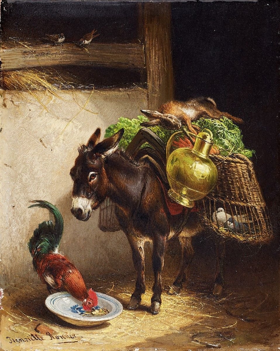 Esel og hane i stallen. av Henriëtte Ronner Knip