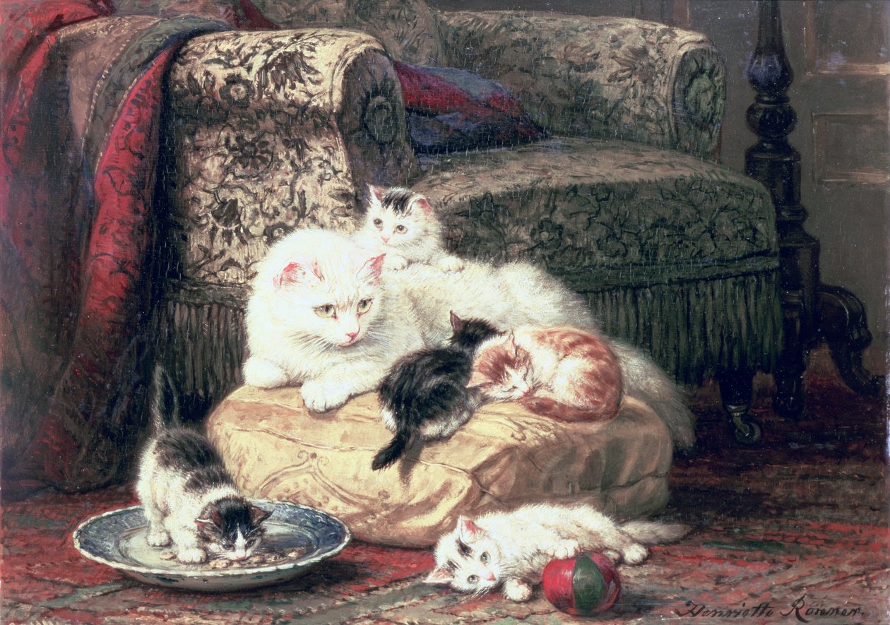Katt med kattungene sine på en pute av Henriëtte Ronner Knip