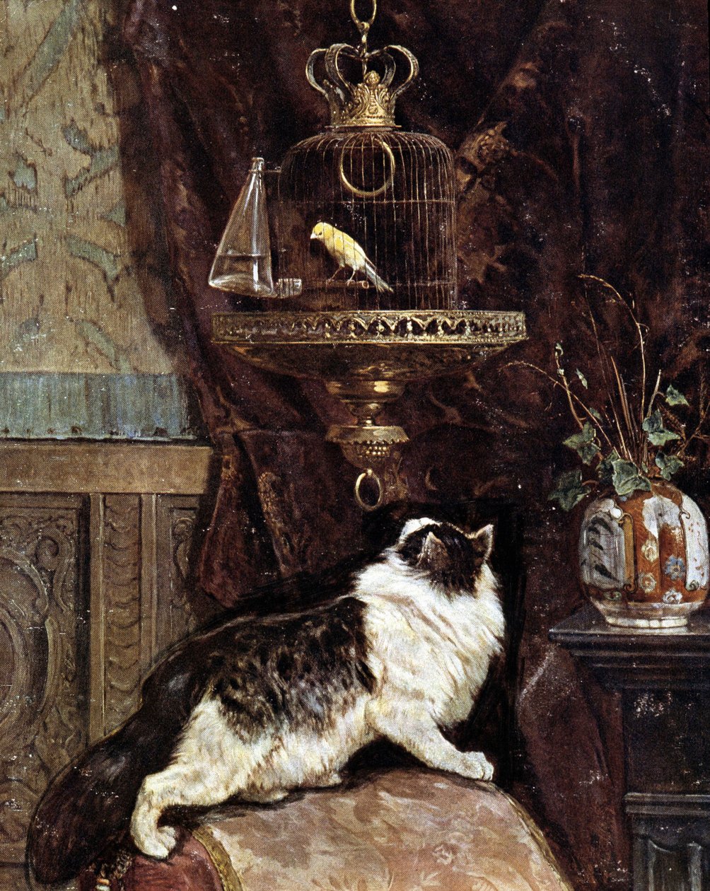 Katt som spionerer på en fugl i et bur - av Henriette Ronner av Henriëtte Ronner Knip